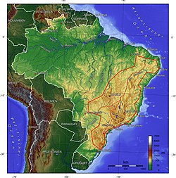 Topographic map of Brazil. The Brazilian Highlands/Plateau is the large yellowish and brown area in the east, south and center of the country.