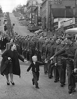 Wait for Me, Daddy, which shows members of the The British Columbia Regiment (Duke of Connaught's Own Rifles) marching through New Westminster, British Columbia in October 1940 by Claude Dettloff