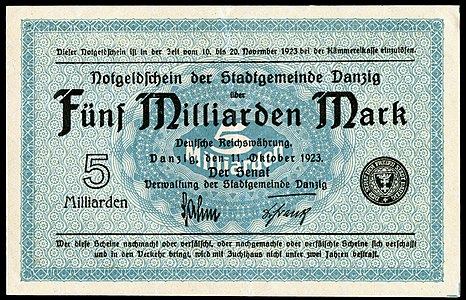 Five-billion mark at German Papiermark, by the Free City of Danzig
