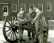 US Army personnel with a de Vallière 4-pounder in the 1960s. The carriage belongs to the 20-pounder Parrott rifle.