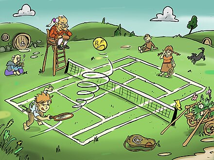 dessin en couleurs représentant une partie de tennis endiablée au pays des hobbits