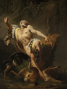 tableau représentant un homme nu avec une peau de bête tachetée, dévoré par un lion