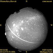 Sky image from the CONCAM at Mauna Kea Observatories on Nov. 18, 2001, showing the long trail of a Leonid meteor