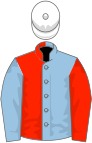 Light blue and scarlet halved, sleeves reversed, white cap