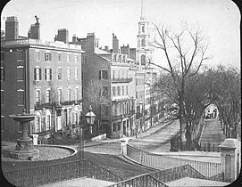 Park St., c. 1860, looking towards Tremont St.; Amory Ticknor house (on left, behind fountain)