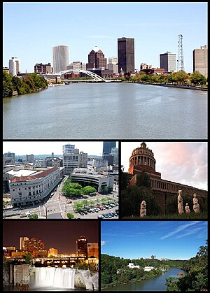 Images from left to right; Rochester Skyline, The Eastman Theatre, the University of Rochester, High Falls district, Eastman Kodak research facility on the Genesee River