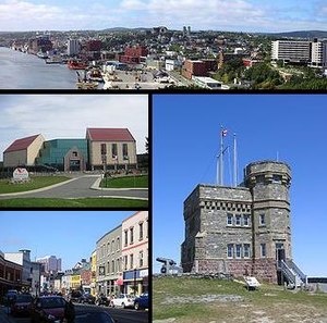 Top - St. John's Skyline, Middle left - The Rooms, Bottom left - Water Street, Right - Cabot Tower