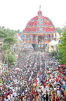 chariot festival with people drawing a chariot with ropes