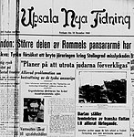 Förstasida från Upsala Nya Tidning 18 december 1942. Rubriken säger "Planer på att utrota judarna förverkligas".