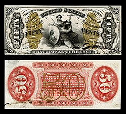 Justice holding scales, $0.50 U.S. fractional currency.