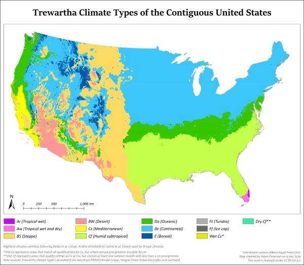 Trewartha climate types for the contiguous United States