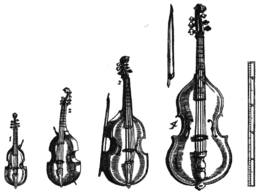 Gravure : quatre violes du dessus à la basse et leur archet, avec échelle à droite