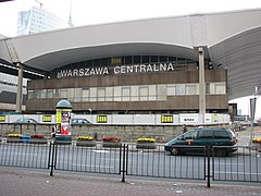 Warszawa Centralna railway station neon sign in Poland, 2010