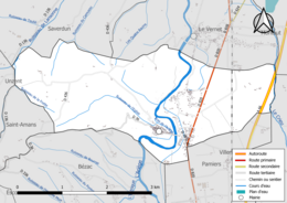 Carte en couleur présentant le réseau hydrographique de la commune