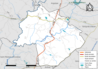 Carte en couleur présentant le réseau hydrographique de la commune