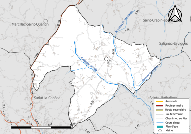 Carte en couleur présentant le réseau hydrographique de la commune