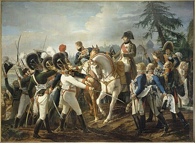 Napoléon harangue les troupes bavaroises et wurtembourgeoises à Abensberg, 20 avril 1809.