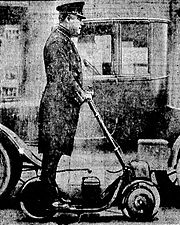Historical photo of an Autoped in use by a traffic cop in Newark, New Jersey, 1922