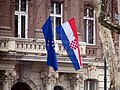 Image 62The flag of Croatia was hoisted together with the flag of Europe on the building of the Ministry of Foreign and European Affairs in Zagreb as a symbol of Croatia's membership in both the Council of Europe and the European Union (from History of Croatia)