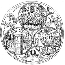 The Grigorovskoye Plate: Paten with biblical scenes in medallions, counterclockwise from bottom left: women at the empty tomb, the crucifixion, and the Ascension. Semirechye, 9th–10th century.[65]