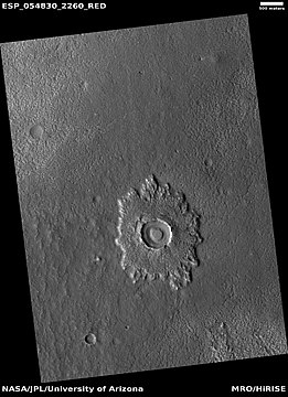 Pedestal crater, as seen by HiRISE under HiWish program. Mesa on the crater floor formed after the crater.