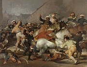 法蘭西斯科·哥雅的《1808年5月2日的起义（西班牙语：El dos de mayo de 1808 en Madrid）》，266 × 345cm，約繪於1814年，1834年始藏[82]