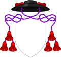 Hat sable with cords purpure and three tassels gules per side, used by Anglican deans in place of a helmet