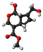 Ball-and-stick model of the genipin molecule