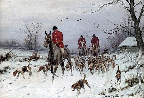 Huntsmen and hounds returning home in the snow