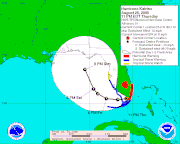 A map of a storm track surrounded by an error cone extending from South Florida arcing north to the Florida Panhandle