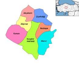 Mapa dos distritos da província de Kırşehir