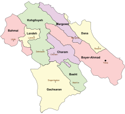 Location of Bahmai County in Kohgiluyeh and Boyer-Ahmad province (left, pink)