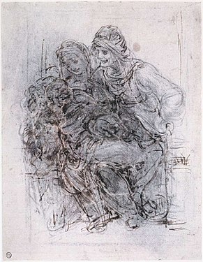 Pencil drawing of a group of two women and a baby facing left.