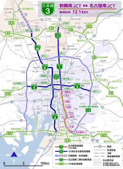 名古屋高速與周邊收費道路路線圖。藍線為名古屋高速。大高線為橙色。