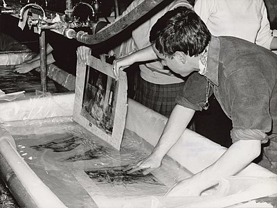 Manuscripts from the National Library being washed and dried at 1966 flood of the Arno, by Dominique Roger (restored by Adam Cuerden)