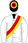 White, red and yellow sash and hoops on black cap