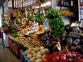 Produce stall in La Placita with typical Puerto Rican fruit and vegetables