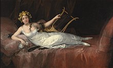 Painting depicting a woman with a lyre-guitar.