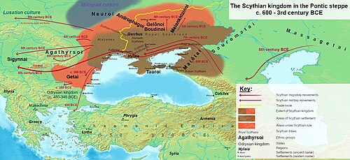 The Scythian kingdom in the Pontic steppe at its maximum extent in the 6th century BC