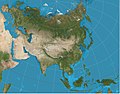 Image 11 Two-point equidistant projection Map: Strebe, using the Geocart map projection software A two-point equidistant projection of Eurasia. All distances of other points from the two points marked in red (45°N 40°E and 30°N 110°E) are correct. This map is a derivative of NASA's Blue Marble summer month composite, with oceans lightened to enhance legibility and contrast. More selected pictures