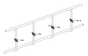 Vacuum/gas manifold setup: 1 inert gas in, 2 inert gas out (to bubbler), 3 vacuum (to cold traps), 4 reaction line, 5 double oblique stopcock (i.e. a glass tap with 2 separate parallel "channels/lines" that run diagonal to the axis of the tap)