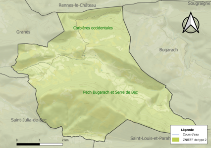 Carte des ZNIEFF de type 2 sur la commune.