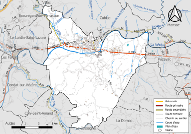 Carte en couleur présentant le réseau hydrographique de la commune