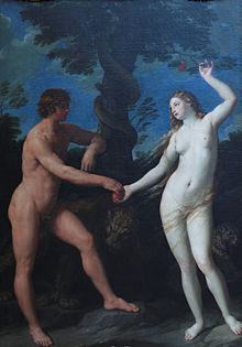 Color painting of Adam and Eve in front of the tree and the apple.