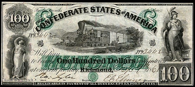 One-hundred Confederate States dollar (T5), by the Southern Bank Note Company