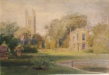 A country house and a church tower.