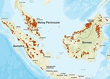 Map showing Peninsular Malaysia, Sumatra and Borneo