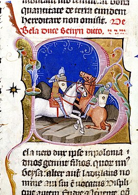 Chronicon Pictum, Hungarian, Hungary, Prince Béla, King Béla of Hungary, Pomeranian duke, Polish, duel, fight, horse, lance, shield, medieval, chronicle, book, illumination, illustration, history