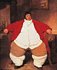 Smartly dressed fat man with dark hair and a red waistcoat, sitting on a chair