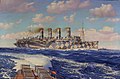 Peinture représentant le RMS Mauretania, avec son camouflage composé de losanges bleus et blancs.